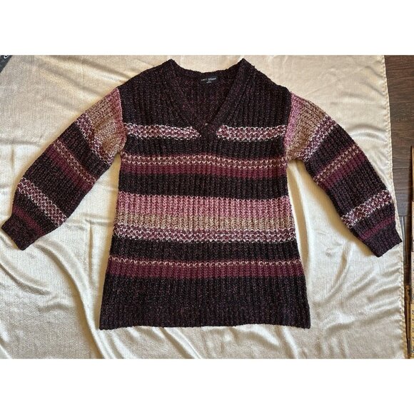 Lane Bryant Sweater Womens 14/16 Burgundy Striped Knit‎ Heavy Pullover V Neck - Picture 4 of 11